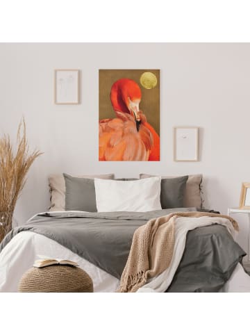 WALLART Leinwandbild - Goldener Mond mit Flamingo in Rot