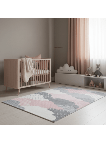 KADIMA DESIGN Kinderteppich Waschbar Wolken COGNE Strapazierfähig OEKO-TEX in Pink