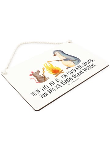 Mr. & Mrs. Panda Schild Pinguin Lagerfeuer mit Spruch in Weiß