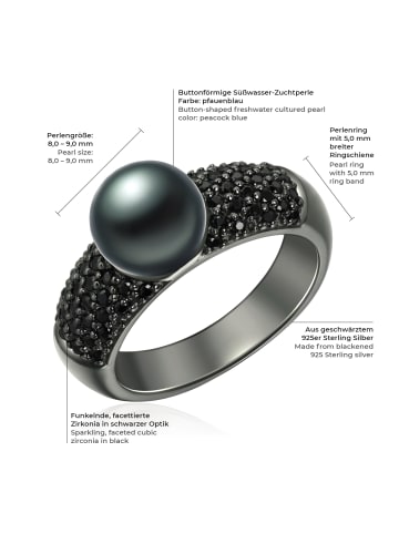 Valero Pearls Ring aus Sterling Silber mit Zirkonia Süßwasser-Zuchtperle in schwarz