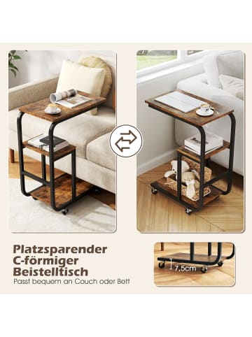 COSTWAY 2er Set Beistelltisch mit Rollen in Braun