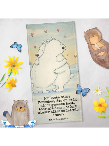 Mr. & Mrs. Panda Saunahandtuch Eisbär Umarmen Design mit Spruch in Gelb Pastell