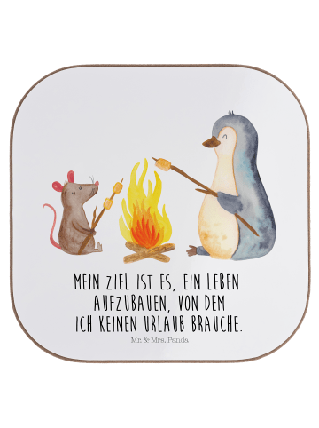 Mr. & Mrs. Panda Getränkeuntersetzer Pinguin Lagerfeuer mit Spruch in Weiß