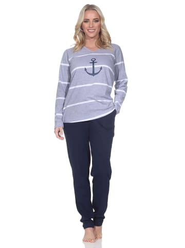 NORMANN Langarm Pyjama Schlafanzug Maritimer Look in grau-mel.