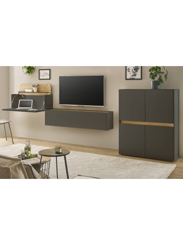 Furn.Design Wohnwand 3-teilig grau matt, Eiche Wotan 370 cm, Schrankwand mit Sekretär
