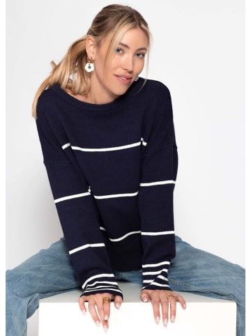 SASSYCLASSY Feinstrickpullover mit Kontraststreifen in Dunkelblau
