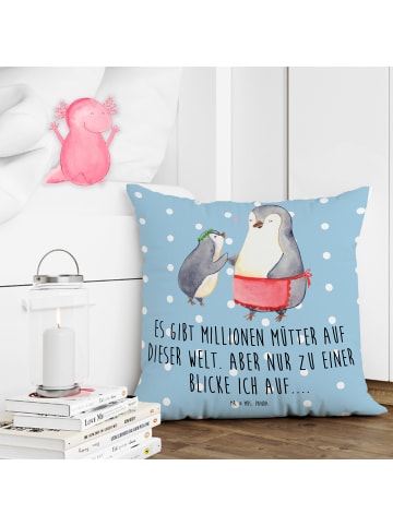 Mr. & Mrs. Panda 40x40 Kissen Pinguin mit Kind mit Spruch in Blau Pastell