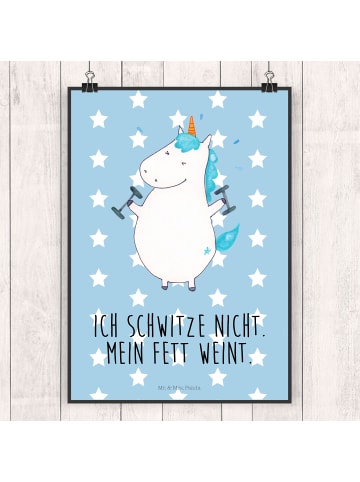 Mr. & Mrs. Panda Poster Einhorn Fitness mit Spruch in Blau Pastell