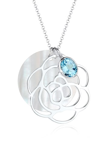 Elli Halskette 925 Sterling Silber Blume, Perlmuttscheibe in Hellblau