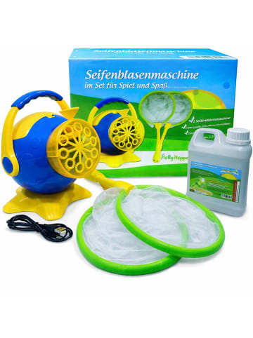 HOLLYHOPPER Seifenblasenmaschine im Set mit 2 Kescher und Lauge
