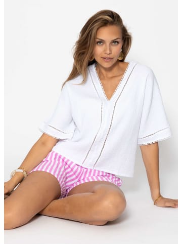 SASSYCLASSY Musselin Bluse mit Spitzeneinsatz in Weiß