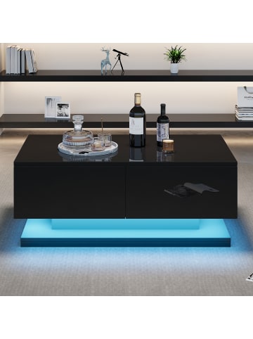 ABRIHOME Schwarzer Hochglanz Couchtisch Sofatisch mit LED und 2 Schubladen 90*50*38cm 
