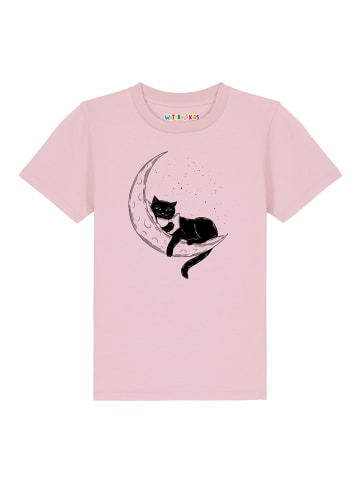 wat? Apparel T-Shirt Katze auf dem Mond in Rosa