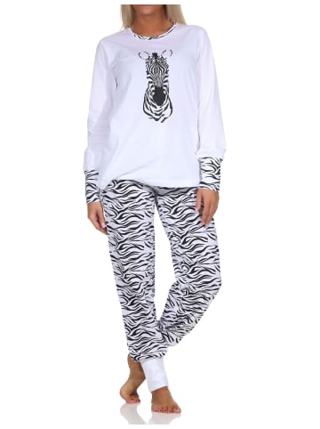 NORMANN Pyjama Schlafanzug Bündchen und Hose Animalprint - 84629 in weiß