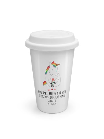 Mr. & Mrs. Panda Isolierkaffeebecher Einhorn Traurig mit Spruch in Weiß