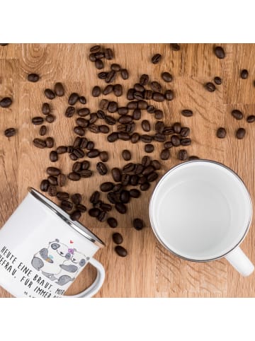 Mr. & Mrs. Panda Emaille Tasse Camping Braut Liebe mit Spruch in Transparent