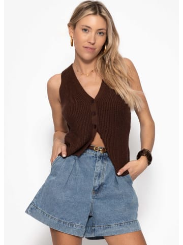 SASSYCLASSY Strick-Top mit Knopfleiste und tiefem V-Ausschnitt in Braun