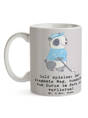 Mr. & Mrs. Panda Tasse Golf Eleganz mit Spruch in Grau Pastell