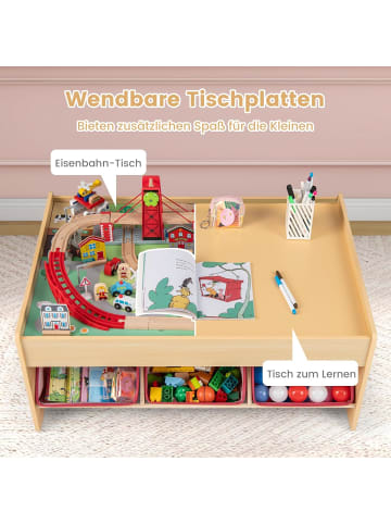 COSTWAY Holzeisenbahn 92 tlg. Set mit Tisch & faltbarem Ablagekorb in Hellbraun