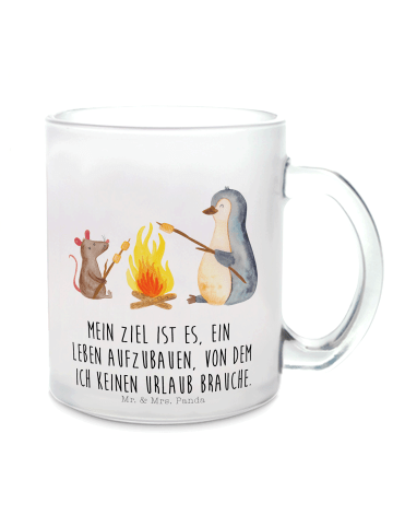 Mr. & Mrs. Panda Kaffeebecher Pinguin Lagerfeuer mit Spruch in Transparent