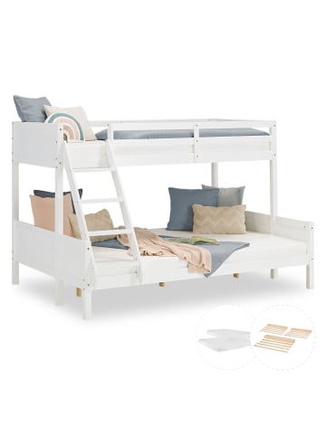 Homestyle4u Etagenbett 90x200 und 140x200 in Weiß mit Lattenrost und 2 Matratzen