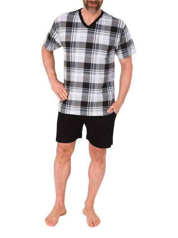 NORMANN Kurzarm Schlafanzug Shorty Jersey und karierten Pyjama Oberteil in dunkelgrau