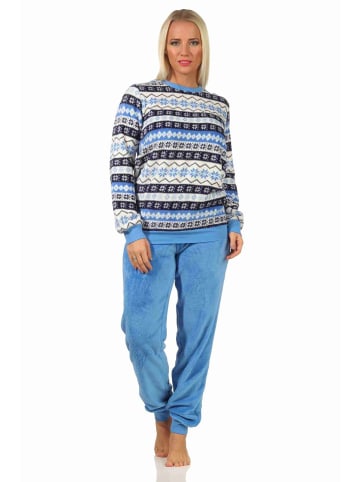 NORMANN Schlafanzug Pyjama langarm Norwegerlook Coralfleece in blau
