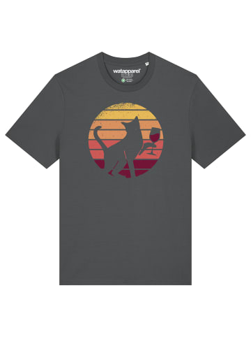wat? Apparel T-Shirt Sunset Katze & Rotwein in Grau