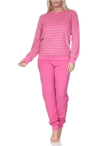 NORMANN Frottee Schlafanzug langarm Bündchen Streifenoptik in rosa