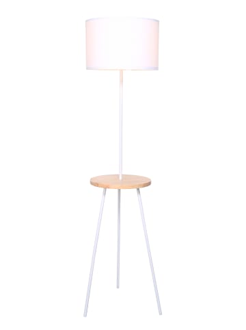 SalesFever Stehleuchte 152 cm mit Holztablett natur, Metallgestell und Stoffschirm in Weiß