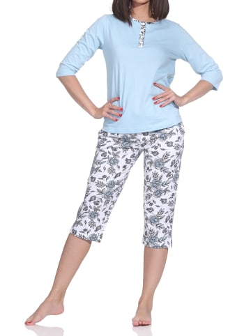 NORMANN Kurzarm Pyjama Caprihose floralem print in blau