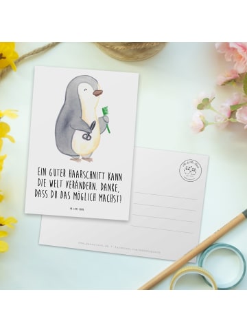 Mr. & Mrs. Panda Postkarte Friseur Wunder mit Spruch in Weiß