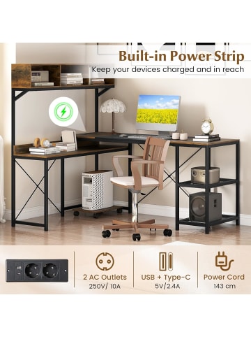 COSTWAY L-förmiger Schreibtisch mit Steckdosen in Braun