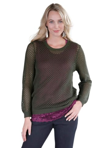 GOLDNER Kurzgröße:  Pullover Sommer-Strickpullover, Ajourmuster in khaki