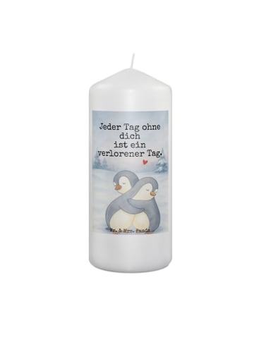 Mr. & Mrs. Panda Stumpenkerze Pinguine Kuscheln Design mit Spruch in Weiß