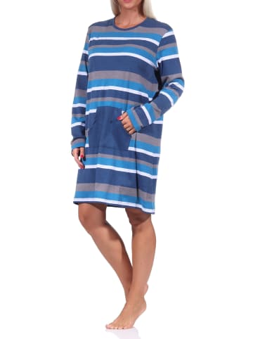 NORMANN Kuschel interlock Nachthemd Streifen und aufgesetzter Tasche - 69908 in blau
