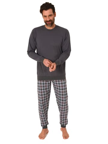 NORMANN langarm Schlafanzug Pyjama Bündchen und karierter Jersey Hose - 83160 in grau