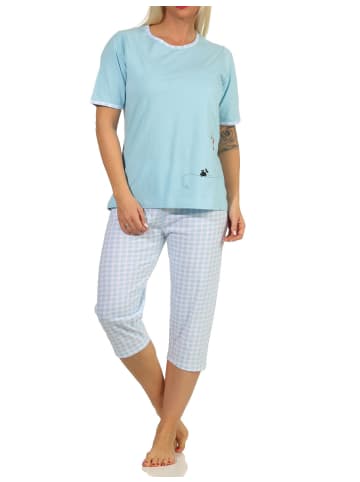 NORMANN kurzarm Capri Schlafanzug Katzen und lang Karo Jersey Hose - 66213 in hellblau