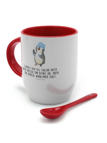 Mr. & Mrs. Panda Tasse mit Löffel Pinguin Duschen mit Spruch in Weiß