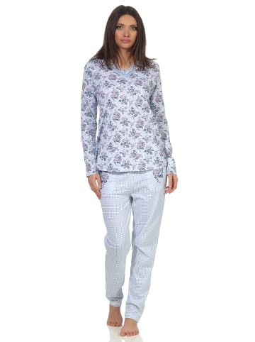 NORMANN Pyjama Schlafanzug langarm florales Muster in hellblau