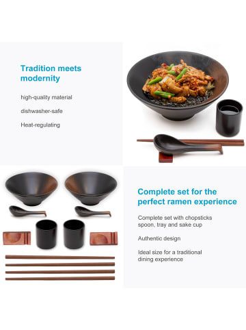 Intirilife Ramen Schüssel Set 2 Personen je 2x Schüssel Stäbchen Löffel Becher in Schwarz