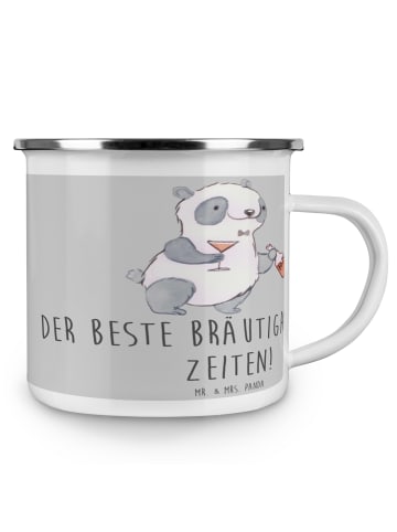 Mr. & Mrs. Panda Camping Emaille Tasse Bester Bräutigam mit Spruch in Heather Grey