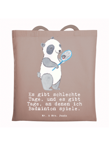 Mr. & Mrs. Panda Tragetasche Panda Badminton  mit Spruch in Braun Pastell