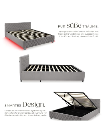 tectake Komfortbett mit LED-Leisten & Stauraum - Samtoptik mit Steppmuster