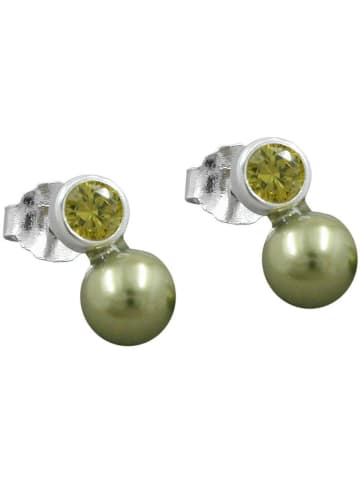 Gallay Ohrstecker Ohrring 7x4mm Zirkonia peridotfarbig Imitatperle olivgrün 925 in silber