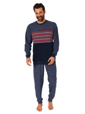 NORMANN Frottee Pyjama Schlafanzug Bündchen und Rundhals in blau