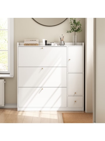 ABRIHOME Kipp-Schuhschrank in Weiß mit 3 Klappschubladen und Sitzbank 119x24x122 cm