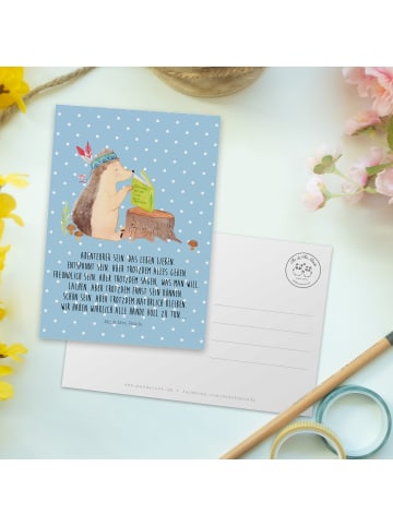 Mr. & Mrs. Panda Postkarte Igel Federschmuck mit Spruch in Blau Pastell