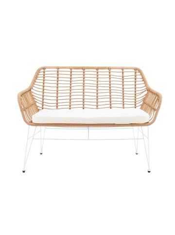 SalesFever Sitzbank Rattanoptik Natur In-und Outdoor geeignet mit Metallgestell in Weiß