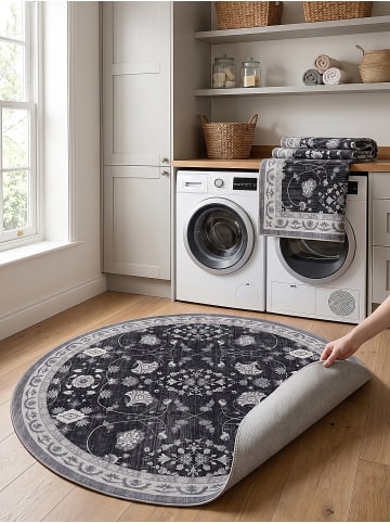 KADIMA DESIGN Teppich Kurzflor VERNANTE waschbar Orient Diele in Schwarz-Creme-Grau